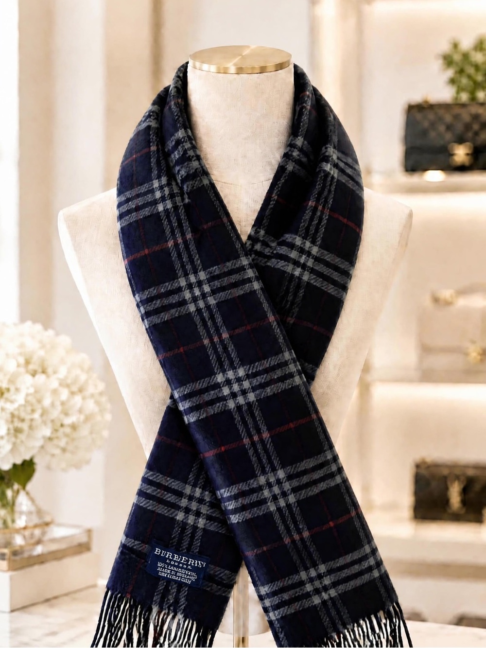 Burberry London Navy Blue Plaid Vintage Scarf 100% Lambswool Made in England